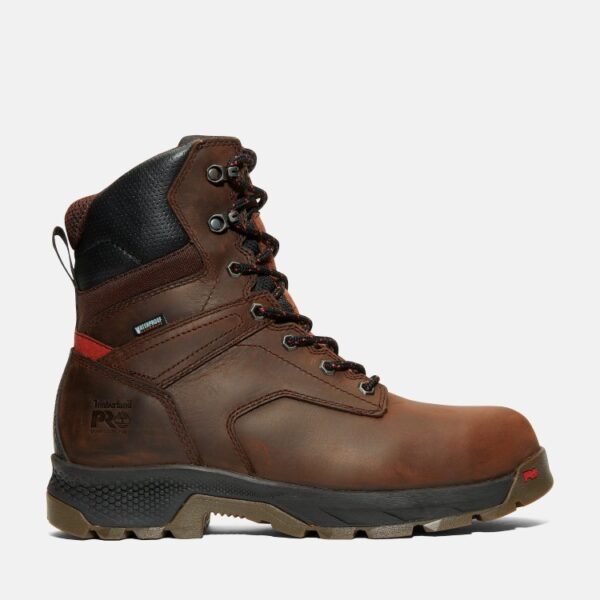 Right profile facing Timberland TiTAN EV composite toe waterproof insulated men's 8-inch work boots in brown with a blank background.