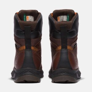 A look at the heels of a pair of Timberland TiTAN EV composite toe waterproof 8-inch men's work boots in brown with a blank background.