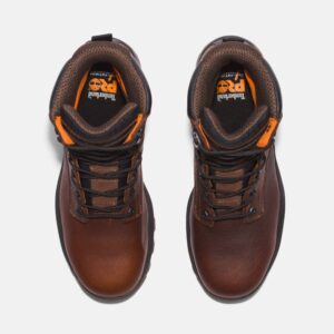 Overhead look at a pair of Timberland TiTAN EV composite toe waterproof 8-inch men's work boots in brown on a blank background.