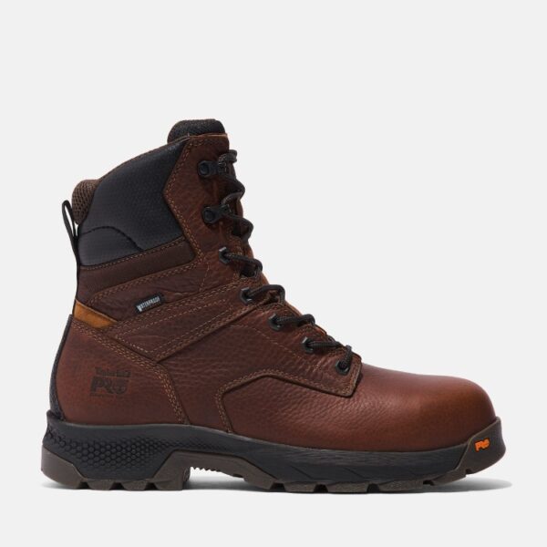 Right profile facing Timberland TiTAN EV composite toe waterproof men's 8-inch work boots in brown with a blank background.