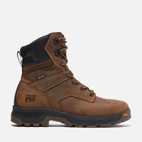 Right profile facing Timberland TiTAN EV soft toe waterproof men's 8-inch work boots in brown with a blank background.