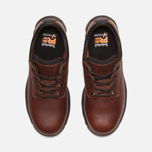 A look at the heels of a pair of Timberland TiTAN EV composite toe men's Oxford work sneakers in brown with a blank background.