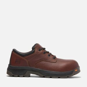 Right profile facing Timberland TiTAN EV composite toe men's Oxford work shoes in brown with a blank background.