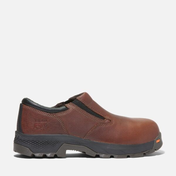 Right profile facing Timberland TiTAN EV composite toe men's slip-on work shoes in brown with a blank background.