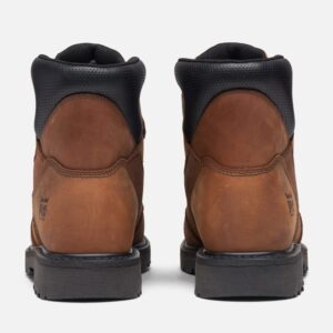 A look at the heels of a pair of Timberland PRO Ambridge Met Guard composite toe 6-inch men's work boots in brown with a blank background.