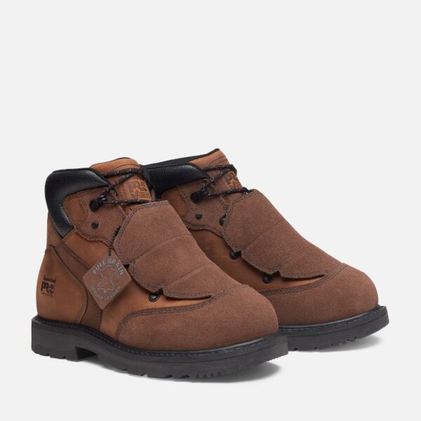 A turned pair of Timberland PRO Ambridge Met Guard composite toe men's 6-inch work boots in brown with a blank background.