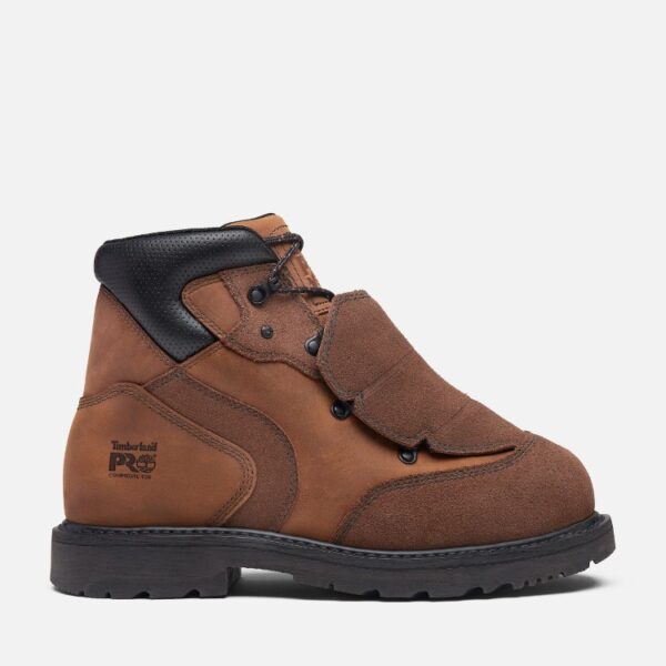 Right profile facing Timberland PRO Ambridge composite toe met guard men's 6-inch work boots in brown with a blank background.