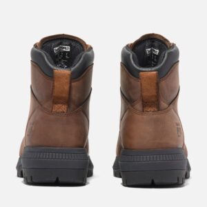 A look at the heels of a pair of Timberland Montauk steel toe 6-inch men's work boots in brown with a blank background.