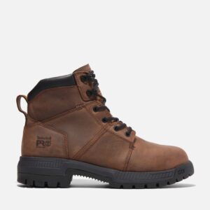 Right profile facing Timberland Montauk steel toe men's 6-inch work boot in brown with a blank background.