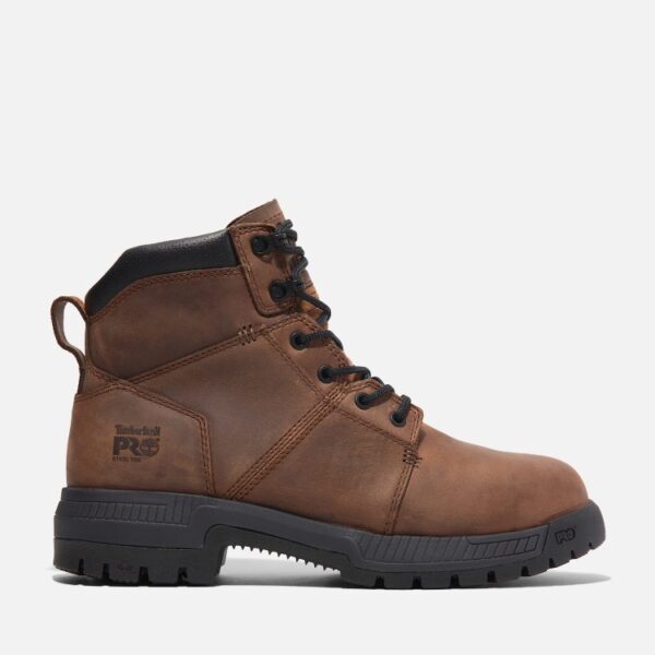 Right profile facing Timberland Montauk steel toe men's 6-inch work boot in brown with a blank background.