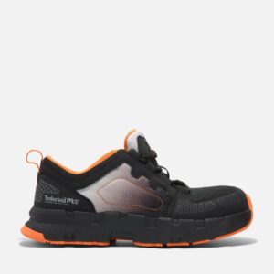 Right profile facing Timberland PRO Powertrain EV composite toe men's athletic work sneaker in black and orange with a blank background.