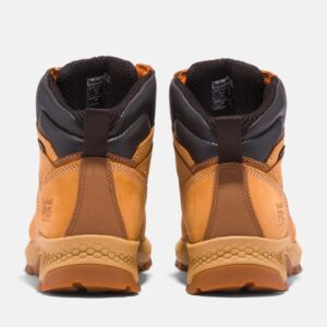 A look at the heels of a pair of Timberland TiTAN PRO EV composite toe waterproof 6-inch men's work boots in wheat with a blank background.