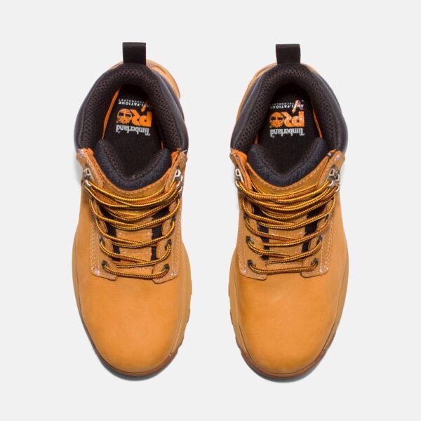 Overhead look at a pair of Timberland PRO TiTAN EV composite toe waterproof 6-inch men's work boots in wheat on a blank background.