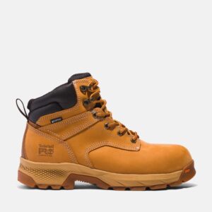 Right profile facing Timberland PRO TiTAN EV composite toe waterproof men's 6-inch work boots in wheat with a blank background.