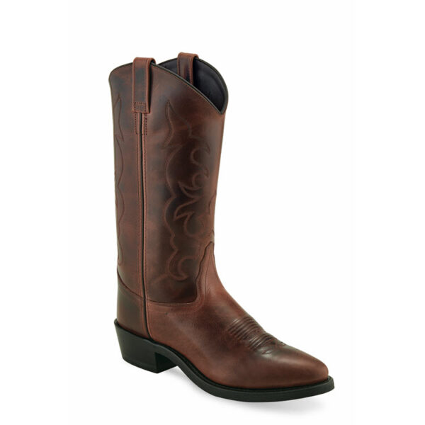 A 3/4 turned Old West Brown Round Toe Men's Western Boot.