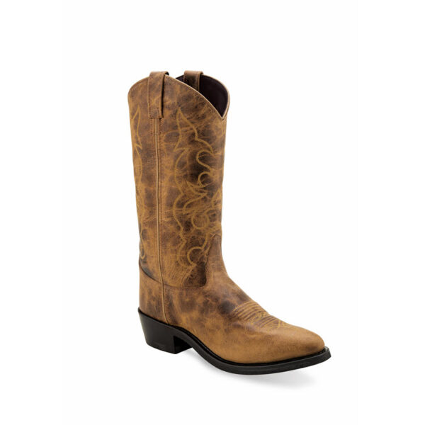 A 3/4 turned Old West Burnt Tan Round Toe Men's Western Boot.