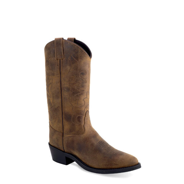 A 3/4 turned Old West Oily Crunchy Brown Round Toe Men's Cowboy Work Boot.