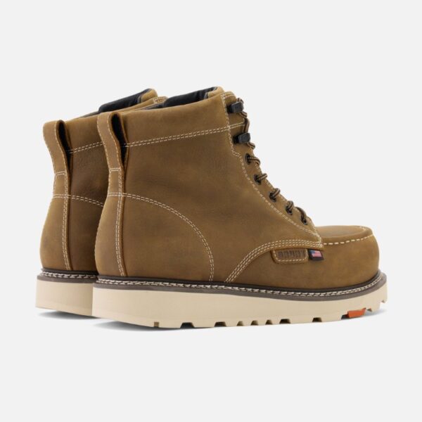 A look at the heels of a pair of Brunt USA Marin Welted Unlined Limited Edition soft toe men's 6-inch work boots in dark tan with a blank background.