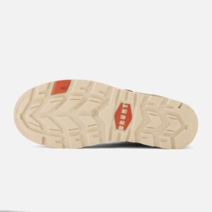 The sole of the left boot on a Brunt USA Marin Welted Unlined Limited Edition soft toe men's 6-inch work boot in dark tan with a blank background.