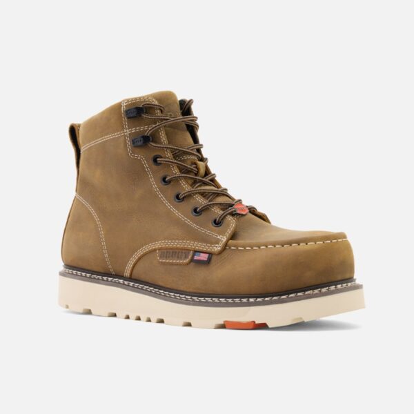 Angled forward-facing USA Marin Welted Unlined Limited Edition soft toe men's 6-inch work boot in dark tan with blank background.