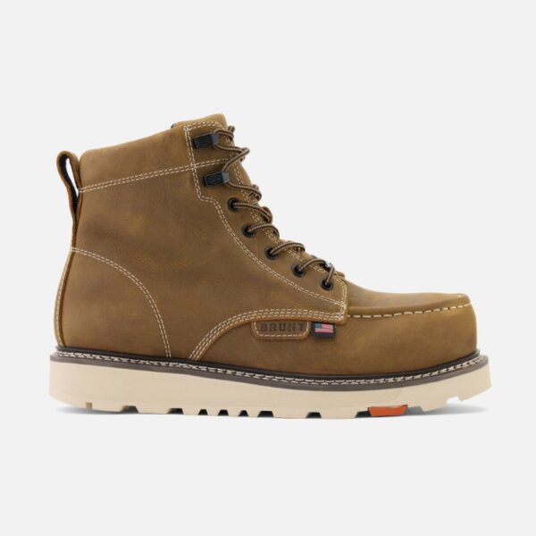 Right profile facing USA Marin Welted Unlined Limited Edition soft toe men's 6-inch work boot in dark tan with blank background.