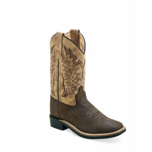 A 3/4 turned Old West Vintage Tan and Flex Brown Square Toe Kid's Western Boot.