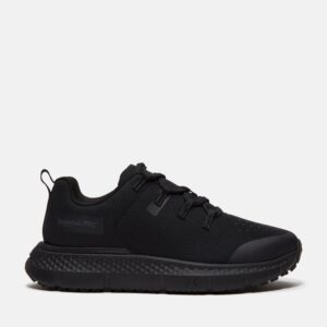 Right profile facing Timberland Power Shift soft toe slip-resistant women's hospitality work sneaker in black with a blank background.