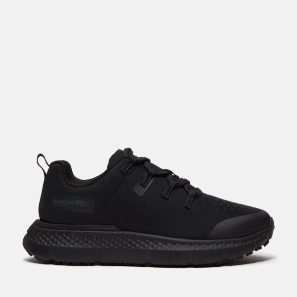 Right profile facing Timberland Power Shift soft toe slip-resistant women's hospitality work sneaker in black with a blank background.