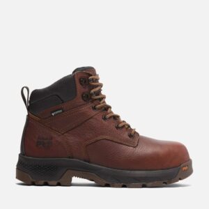 Right profile facing Timberland TiTAN EV composite toe waterproof insulated women's 6-inch work boots in brown with a blank background.