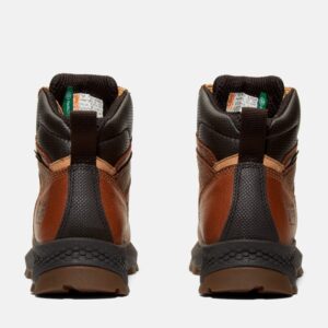 A look at the heels of a pair of Timberland TiTAN EV composite toe waterproof women's 6-inch work boots in brown with a blank background.
