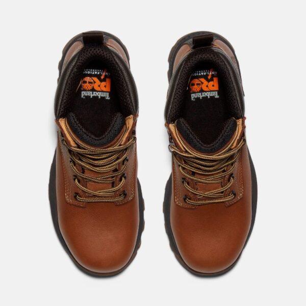 Overhead look at a pair of Timberland TiTAN EV composite toe waterproof women's 6-inch work boots in brown on a blank background.