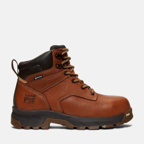 Right profile facing Timberland Titan EV composite toe waterproof women's 6-inch work boots in brown with a blank background.