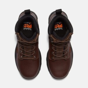 Overhead look at a pair of Timberland TiTAN EV Met Guard composite toe women's 6-inch work boots in brown on a blank background.