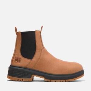 Right profile facing Timberland PRO Birchline composite toe women's 6-inch pull-on work boot in tan with a blank background.