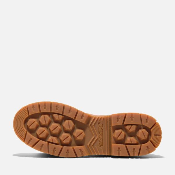 The sole of the right boot on a Timberland PRO Birchline composite toe women's 6-inch work boots in tan with a blank background.