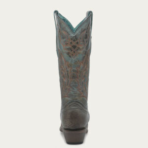 A rear angle shot Corral Embroidered Vintage Worn Finish Turquoise Snip Toe Cowgirl Boot.