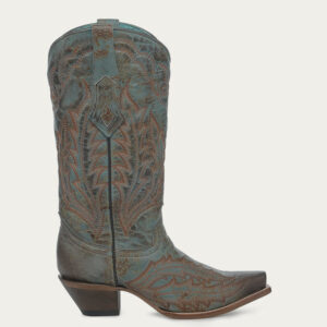 A right profile facing Corral Embroidered Vintage Worn Finish Turquoise Snip Toe Cowgirl Boot.