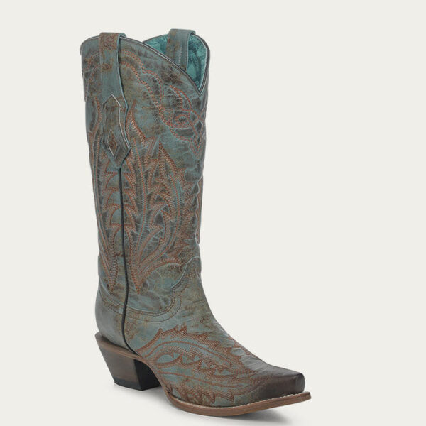 A 3/4 turned Corral Embroidered Vintage Worn Finish Turquoise Snip Toe Cowgirl Boot.