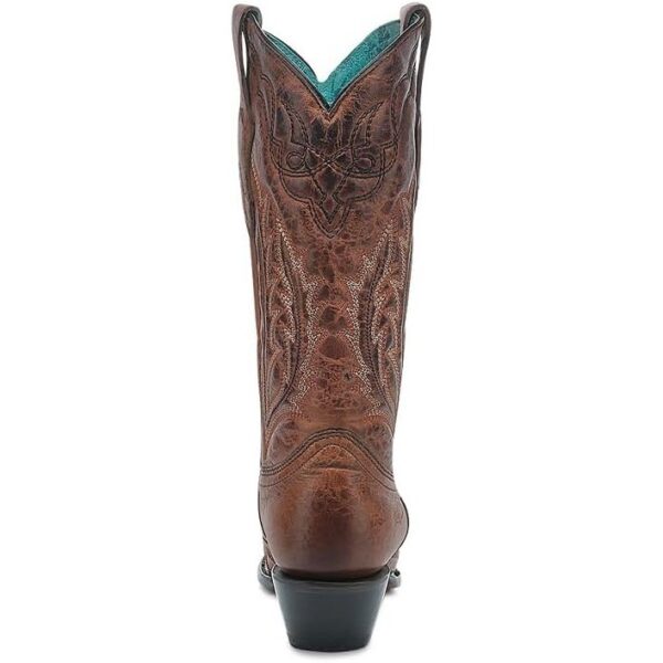 A rear angle shot Corral Embroidered Cognac Brown Leather Snip Toe Women's Western Boot.