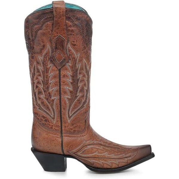 A right profile facing Corral Embroidered Cognac Brown Leather Snip Toe Women's Western Boot.