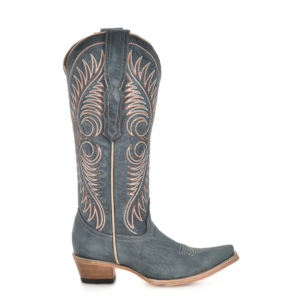 A right profile facing Corral Embroidery Distressed Blue Snip Toe Cowgirl Western Boot.