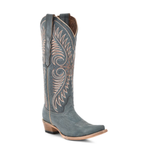 A 3/4 turned Corral Embroidery Distressed Blue Snip Toe Cowgirl Western Boot.