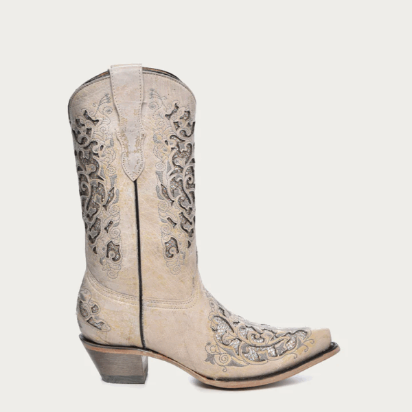 A right profile facing Corral White Glittered Inlay Snip Toe Teen Cowgirl Western Boot.
