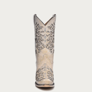 A front forward facing Corral White Glittered Inlay Snip Toe Teen Cowgirl Western Boot.