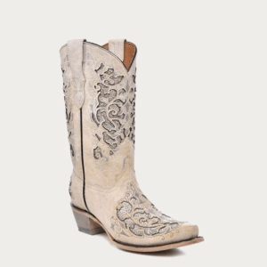 A 3/4 turned Corral White Glittered Inlay Snip Toe Teen Cowgirl Western Boot.