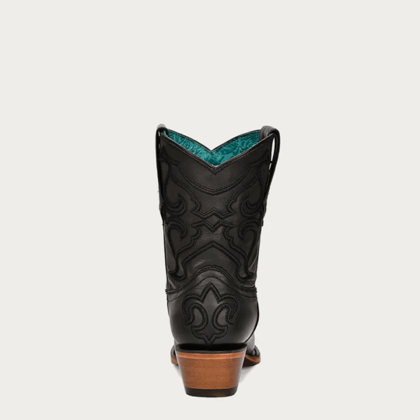 A rear angle shot Corral Black Embroidery Snip Toe Western Ankle Boot.