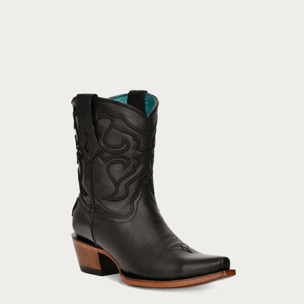 A 3/4 turned Corral Black Embroidery Snip Toe Women's Western Ankle Boot.