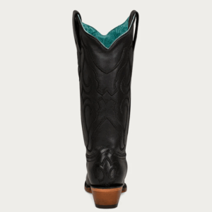 A rear angle shot Corral Black Embroidery Snip Toe Cowgirl Western Boot.