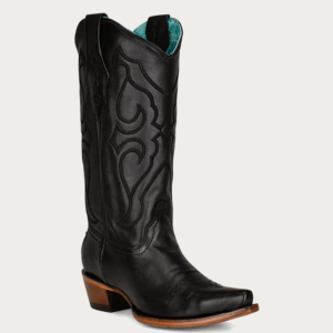 A 3/4 turned Corral Black Embroidery Snip Toe Women's Western Cowgirl Boot.