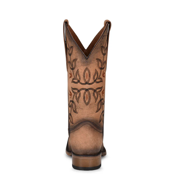 A rear angle shot Corral Embroidery Brown Square Toe Cowgirl Western Boot.